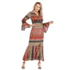 Bohemian Floral Beach Dress V Neck Ruffle Vintage Holiday Chiffon Long Sleeve Boho Maxi For Women 210428