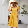 Yellow cotton backless dress women summer ruffle beach midi casual holiday boho 210427