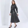 Black Pu Dress For Women Lapel Collar High Waist Lace Up Ruched Large Size Floor Length Dresses Female Clothes 210520