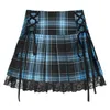 Lace Up Goth Y2K Kvinna Kjolar Rosa Stripe Plaid Lace Trim Peated School Skirt Punk Dark Academia Aesthetic E Girl Clothes G220309