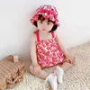 2 pcs bebê floral romper menina coreano suspender macacão verão criança meninas bonitos bodysuit infantil aniversário macacão com chapéu 210615