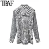 Traf kvinna mode med båge bundet zebra tryck blusar vintage långärmad djur mönster kvinnlig tröjor chic toppar 210415