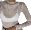 Kadın T-Shirt Dantel Basit Stil Beyaz Katı Renk Kazak Temyonu Kadın See-throom Balıkçı Yaka Uzun Kollu Bahar Güz Dailywear Tops