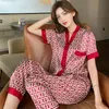 Женщины сатин Pajamas v шеи дизайн роскошный узорчатый шелк, как ночная одежда с короткими рукавами и длинными брюками дамы домашняя одежда 210830
