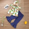 Summer Children Sets Short Sleeve O Neck Print Pineapple T-shirt Blue Solid Flare Pants Cute Girls Boys Clothes Set 1-8T 210629