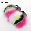 Kids Fur Slides Elastic Strap Flat Slippers Children Plush Raccoon Sandals Casual Indoor Girls Fluffy ry Shoes 210712