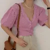 Damesmode Sexy V-hals Hol Haak Gebreide Cardigan Vrouwelijke Korea Zomer Puff Sleeve Casual Tops 210518