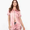 Pijamas de verão para mulheres Satin Silk Sleepwear Sleepwear 2 Peças Set Sleep Tops Calças PJS Ladies Night Wear LoungeWear Home Suit 210713