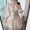 Femme robe croix Spaghetti col en v Vintage robes lanterne manches automne floral imprimé élégant robe femme hiver 210603