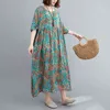 Johnature Summer Loose Comodo O-Collo Tasche Manica corta Fashion Print Dress Simple Leisure Women Plus Size Abiti 210521
