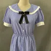 Japoński styl preppy Lato Vintage Striped Sukienka Mori Dziewczyna Krótki Rękaw Kobiety Peter Pan Collar Kawaii Uczeń Odzież 210520