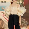 [DEAT] Summer Fashion Top Tinta unita Slash Neck Manica lunga Net Yarn Temperament Elegante camicia da donna 13Q063 210527