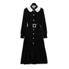 Woman Elegant Black Velvet Office Lady Button Turn Down Collar Long Sleeve Knee Length Dress A-line Lace D1588 210514