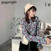 Gaganight Style coréen printemps imprimé floral femmes chemises à col rond Ins Slim Basic Tops mode régulière à manches longues bureau dame 210519