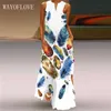 Wayoflove Mode Plume Imprimer Robe Plage Casual Plus Taille Robes élégantes Summer Femme Sans manches Fille Maxi Robe Femmes 210602