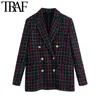 Traf Femmes Mode Avec Bouton En Métal Tweed Check Blazer Manteau Vintage Manches Longues Poches Femelle Survêtement Chic Veste 210415