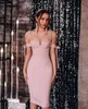 Kvinnor Sexig Beading Lace Up Pink Bandage Klänning Elegant Night Club Midi Prom Celebrity Bodycon Party Vestido 210527