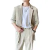 Sommar lös solid färgdräkt män 2 st set 3/4 ärm blazers byxor casual bröllop brudgum tuxedos kostymer kostym homme 210527