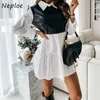 Neploe faux läder pu tröja klänning parti a-line långärmad pläd chic mini klänning casual kvinnor elegant vestido kläder 210423