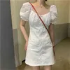 Sweet Lace Embroidery Stitching Cross Lacing up Puff Sleeve Short Dress Fashion Woman Bodycon White Club Mini 210519