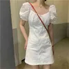 Sweet Lace Embroidery Stitching Cross Lacing Up Puff Sleeve Short Dress Fashion Woman Bodycon White Club Mini 210519