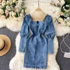 Autumn Women Jeans Long Sleeve Sexy Bodycon Short Blue Denim Dress 210415