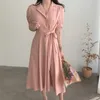 Dam Sommar Linne Klänning Retro Skjorta Bandage Midja Snörning Aprikos Rosa Robe Lösa kläder Chic 16W1038 210510