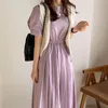 Pleated Long Dresses Puff Sleeve Spring Summer Vestidos De Mujer Korean Vintage Chic A-line Woman Dress 210415