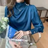 İlkbahar Sonbahar Moda Kadınlar Parlak Saten Bluz Ipek Uzun Kollu Patchwork Düğme Parti Gömlek Vintage Top 210415