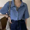 Ol Retro Niebieski Denim Streetwear Loose Lapel Cowboy Casual Lato Topy Bluzki Vintage Chic Femme Koszulki 210525
