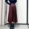 無料のレトロなダークブラウンのミディレザースカート女性の不規則なハイウエストAラインプリーツエレガントパーティー210524