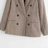 Höstkvinnor Brun Plaid Blazers Kvinna Jackor för Kvinnor-S Outwear Feminine Office Ladies Notched Collar Toppar Suits Sets 210421