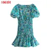 Summer Women Green Floral Print Ruffles Square Neck Short Sleeve Ladies Mini Dress Vestidos 5Z124 210416