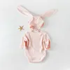 Cute Spring Born Baby Girl Ubrania Cartoon Rabbit Ear Hat Baby Girl Bodysuits 2 sztuk Zestaw Z Długim Rękaw Bawełniany Kombinezon 210713