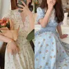 Старинные цветочные платья женщины элегантные кружева шифоновые корейские вечеринки платье Puff рукав V шеи MIDI платье падение платья для женщин 2021 x0705