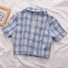 夏の韓国のブラウスの女性ビンテージクロップシャツストリートウェア格子縞のレディーストップエレガントボタンアップシャツクロップトップシャツ210401