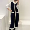 Koreanska Elegant Vintage Stickad Lång Vest Kvinnor Enstaka Bröst O-Neck Coat Fashion Ladies Color-Blocked Femme 210513