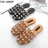 Slippare Yue Jabon Fashion Amelia Leather Beach Sandals Mules Rivet/ Pearl/ Crystal Women Flat Slides Cured Shoes 44 EUR