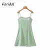 Foridolp格子縞の緑の短い夏のドレス女性のノースリーブストラップレースアップコットンビーチドレス背中のないミニドレスSUNDRESS 210415