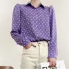 Elegant Women Polka Dot Purple Shirts Fashion Ladies Puff Sleeve Tops Sweet Female Chic Turn Down Collar Blouses 210527