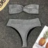 Yeni Seksi Bandeau Parlak Glitter Bikini Set Kadın Mayo Mayo Pad Yay Ile Bikini Yüksek Bel Bather Mayo Yüzmek Giyim 210407