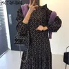 Matakawa Print Ruffle Stitching Vestido Korea Chic Höst Round Neck Femme Robe Loose Casual Lång Klänning Kvinnor 210513