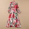 European and American women's wear for spring 2021 Flared Sleeve Bow collar with floral print Fashionable Belt Dress