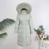 Oftbuy X-Long Winter Jacket Kvinnor Real Natural Fur Collar Hooded 75% Vit Duck Down Belt Coat Warm Fashion Outerwear 211216