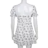 White Casual Floral Women Dress Bandage Ruched Summer Mini Office Puff Sleeve High Street Aline Ladies es 210520