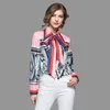 Fashion Runway Imitation Silk Print Blouses Shirt Women Spring Autumn Long Sleeve Big Bowknot Turn Down Collar Blusas Top 210416