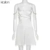 Klalien Fashion Elegante Arco Carino Sweet Sweet Lace Up White Donne Dress Summer Pearl Pendente a V Neck A-Line Sling Mini Dress 210630