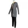 Women's Two Piece Pants Zaggin 2021 Autumn Women Cardigan Black And White Striped 2-Piece Set Sexy Lady Full Sleeve Long Coat Leisure