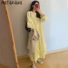 Matakawa ruffles robe costura solta vestidos coreia chique amarelo redondo pescoço vestido vestido lanterna vestidos de manga feminina 210513