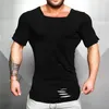 Muscleguys Brand Long T Shirt Men Fashion Hole Distressed Fitness T-shirt Summer Short Sleeve Solid Slim Fit Hip Hop Tshirt 210421